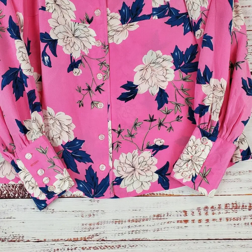 Yumi Kim Velvet Morning Hot Pink Floral Blouse S Silky Puff Sleeves Tropical Top
